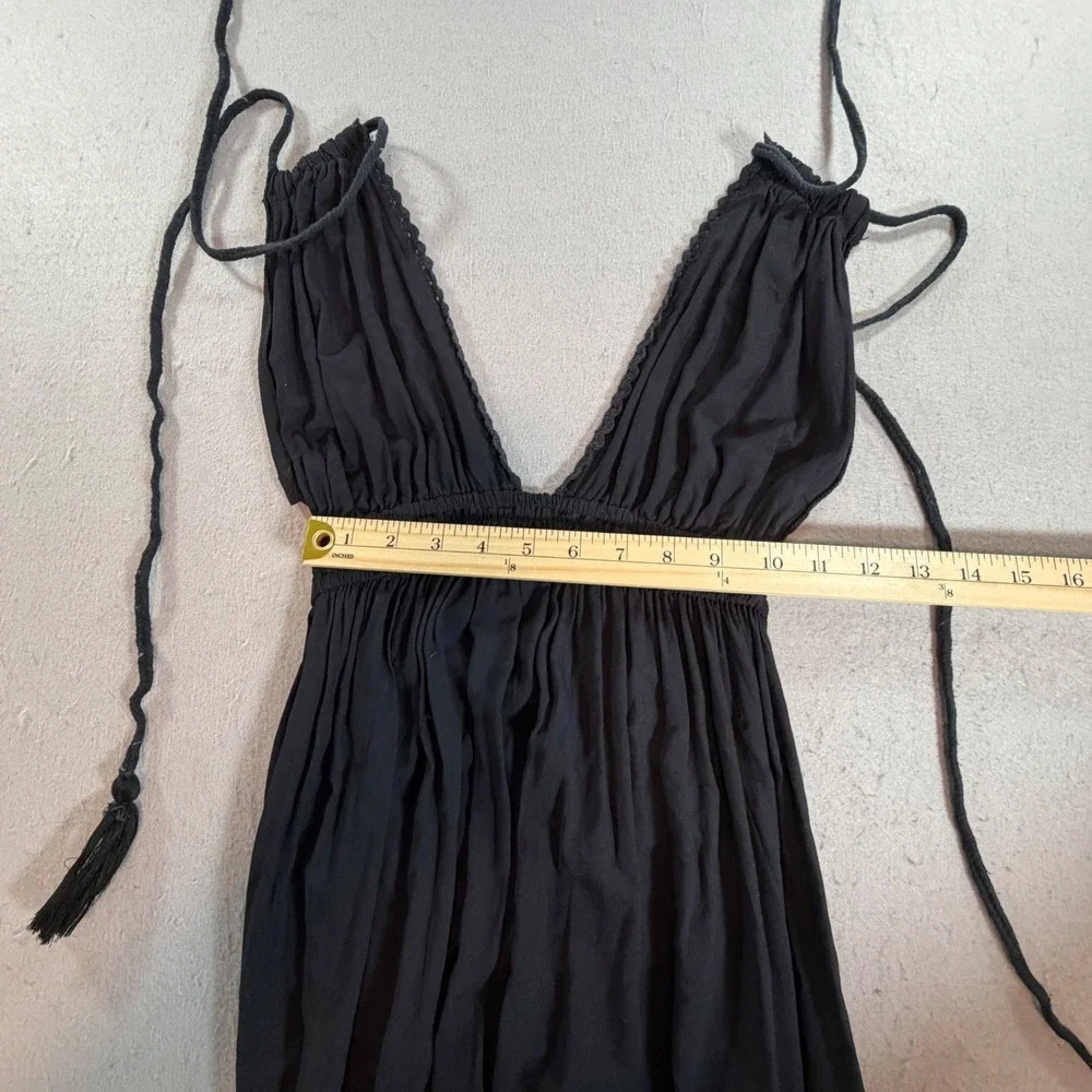 Free People Black Boho Hi Low Maxi Dress Lace Tassel Smocked Waist XS